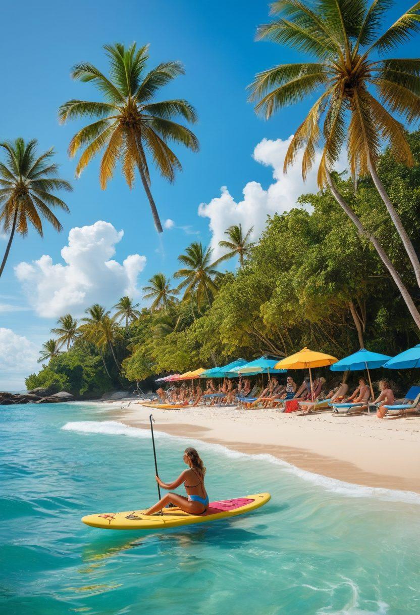 A sun-soaked beach scene featuring a diverse group of people wearing stylish swimwear and vibrant vacation outfits, surrounded by tropical palm trees and colorful beach umbrellas. Include beach activities like paddleboarding and beach volleyball, along with playful waves lapping at their feet. The sky should be a bright blue with a few fluffy clouds, conveying a joyous summer atmosphere. vibrant colors. super-realistic.