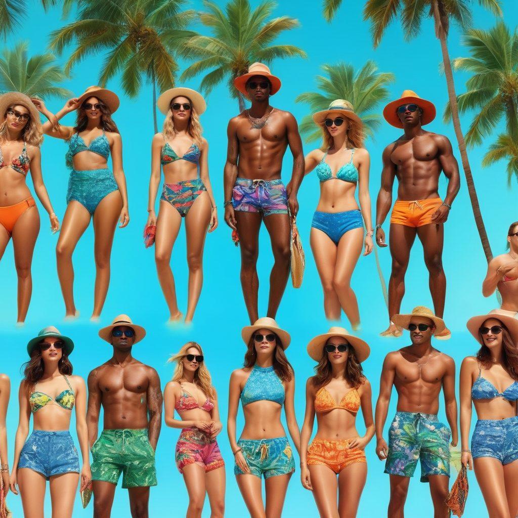 A vibrant beach scene showcasing a group of stylish men and women in the latest swimwear trends, enjoying the sun and waves. Focus on bold colors and unique patterns, with beach accessories like hats and sunglasses enhancing the look. Include palm trees swaying in a gentle breeze and a clear blue sky to evoke summer vibes. Create a fun, lively atmosphere that captures the essence of summer fashion. super-realistic. vibrant colors. tropical setting.